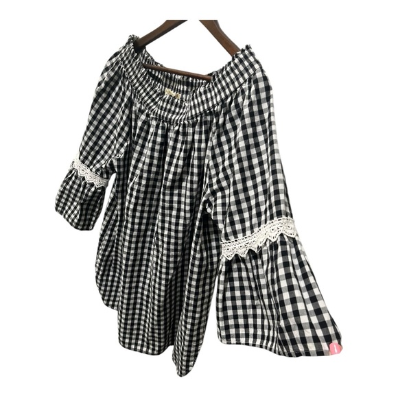 STUDIO WEST APPAREL BLACK AND WHITE GINGHAM SMOCKED FLARE LACE DETAIL SLEEVES - Picture 6 of 16